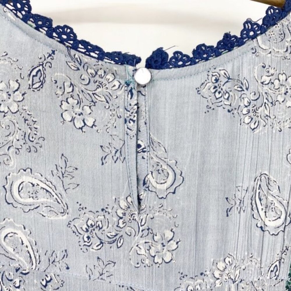 Angie Blue and Green Parsley Print w Balloon Sleeves & Lace detail S - Picture 10 of 10